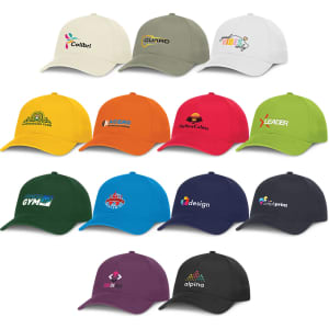 A collection of caps in various colours, each featuring different logos and designs, including white, green, orange, and black.