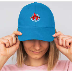 A blue cap with a logo on the front, featuring a curved brim and adjustable back.