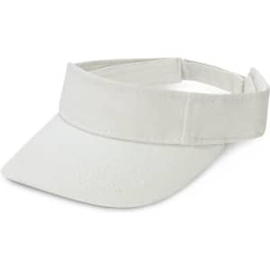 A white sun visor featuring a wide brim and adjustable band for a comfortable fit.