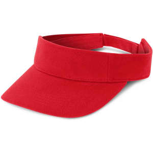 A red sun visor with a wide brim and adjustable strap.
