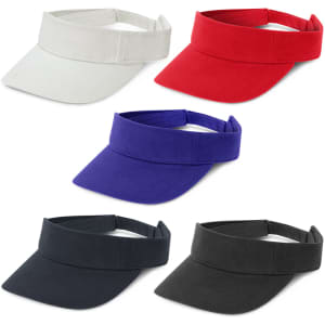 A collection of five sun visors in white, red, purple, and black, featuring adjustable straps and a logo.