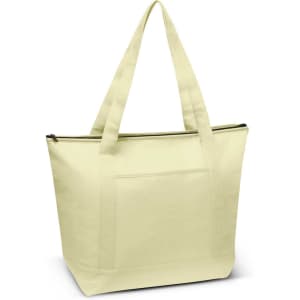 A large, pale yellow cooler bag with two long handles and a zippered top, featuring a front pocket and a logo.