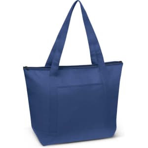 A blue cooler bag with two shoulder straps and a zippered closure. It has a front pocket and a logo.