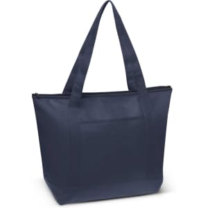 A navy blue cooler bag with two sturdy straps and a zip closure, featuring a front pocket and a simple design.
