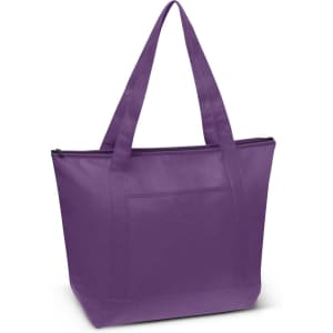 A purple cooler bag with two straps and a front pocket, featuring a zip closure and a branding logo.