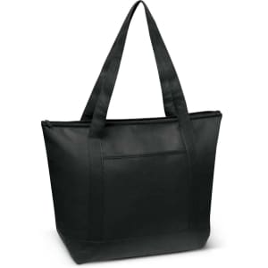 A black Orca cooler bag with a zippered top and two sturdy handles. Features a front pocket.