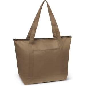 A tan cooler bag with two tote handles and a zip closure, featuring a front pocket and branding.