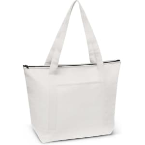 A large white cooler bag with a zip closure and two long handles. It features a front pocket and a logo.