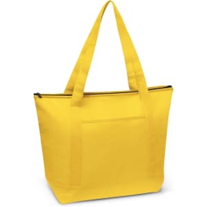 A yellow cooler bag with a zip closure and two long handles, featuring a front pocket and a logo.