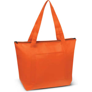 An orange cooler bag with two shoulder straps and a zippered top, featuring a front pocket and a logo.