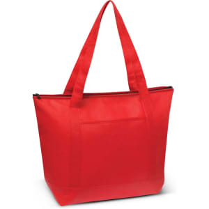 A red cooler bag with a zip closure and two sturdy handles, featuring a pocket on the front.
