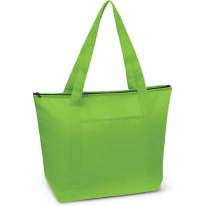 A bright green cooler bag with two handles and a zip closure, featuring a front pocket and branding.
