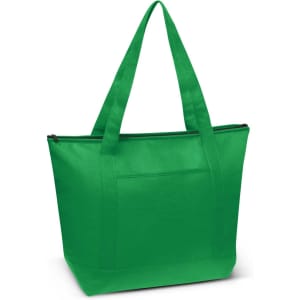 A green cooler bag with two shoulder straps and a zip closure, featuring a front pocket and no visible branding.