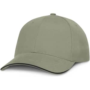 A cap with a soft khaki fabric and black trim, designed in a classic style.