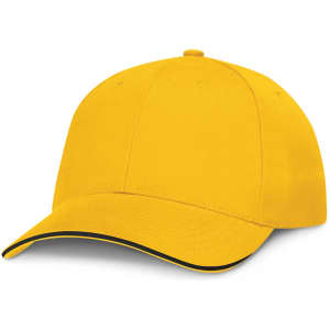 A cap featuring a vibrant yellow color with black trim along the brim. It is designed with a classic baseball cap style.