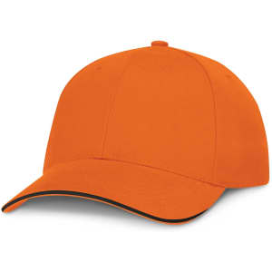 A cap with an orange body and black trim, featuring a curved brim and a classic design.