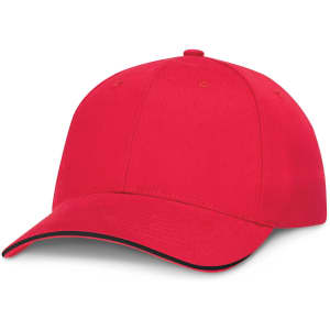 A cap in vibrant red color with a black trim along the visor.