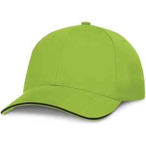 A cap in bright green with a black trim. The design is structured with a rounded crown and a curved visor.