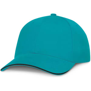 A cap featuring a turquoise body with a black trim and a curved peak. It includes a logo on the front.