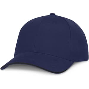 A cap featuring a navy blue design with a black trim along the visor.