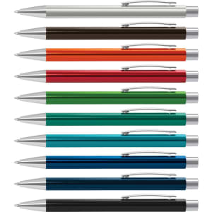 A collection of Lancer metal pens in various colours, featuring silver accents and clips, arranged in a row.