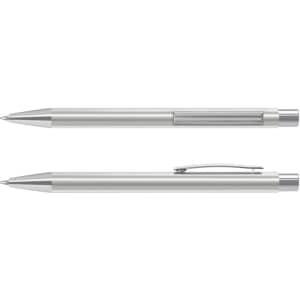 A silver metal pen with a sleek design and a clip, featuring a transparent section on the barrel.