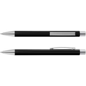 A black metal pen with silver accents, featuring a sleek design and a clip on the side.