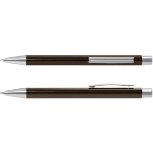 A metal pen, the Lancer Pen, featuring a sleek dark finish with silver accents and a clip for easy attachment.
