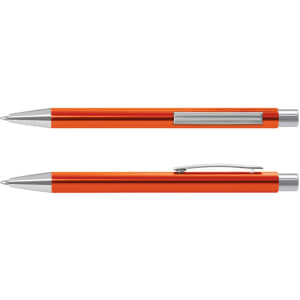 An orange metal pen with silver accents, featuring a clip and a sleek design.