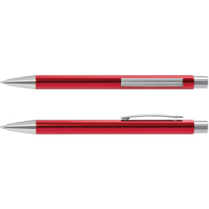 A metal pen in vibrant red with silver accents and a clip. It features a sleek, modern design and branding.