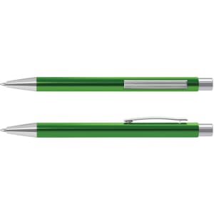 A metal pen in a vibrant green color with a sleek design, featuring a silver clip and accents.