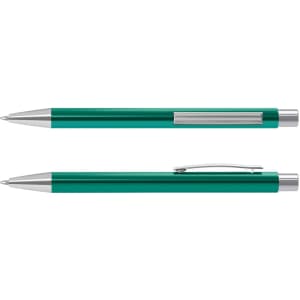 A metal pen in a vibrant teal colour with silver accents and a clip. The pen is shown from two angles.
