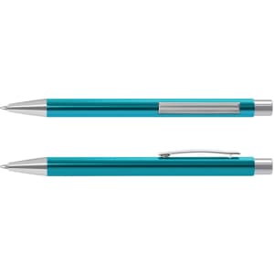 A metal pen in a vibrant teal colour with silver detailing and a clip. It features a sleek, modern design.