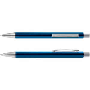 A sleek metal pen with a vibrant blue finish and silver accents, featuring a smooth clip for easy attachment.