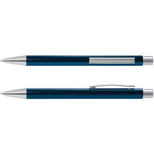 A metal pen with a deep blue finish and silver accents, featuring a clip and a sleek design.