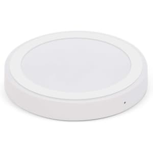 A wireless charger in a sleek, round design with a smooth white finish. The charger features an LED indicator light.