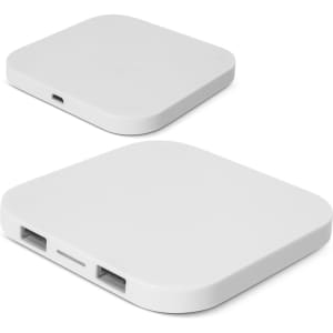 A white wireless charging hub with a sleek design and USB ports on the side. It features a modern, minimalist structure.