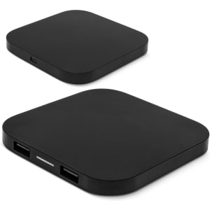 A black wireless charging hub with a sleek, minimalist design, featuring USB ports for connectivity.