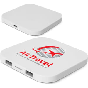 A white wireless charging hub featuring ports and a logo on one side. The design is sleek and minimalist.