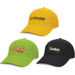 A set of three caps in yellow, green, and black, featuring various logos on each cap.
