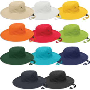 A wide brim hat collection featuring colours including beige, yellow, orange, green, navy, and black, with a logo detail.