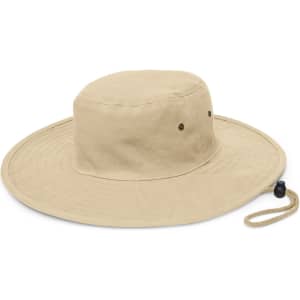 A wide-brim hat in a tan color, featuring a round crown and an adjustable chin strap.