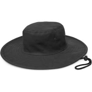A wide-brim hat in black with a adjustable strap, featuring ventilation eyelets and a round design.