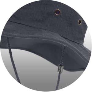 A wide-brim hat featuring a cotton material, ventilation grommets, and an adjustable chin strap.
