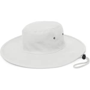 A wide-brim hat in a light gray color, featuring a simple design with ventilation holes and an adjustable chin strap.