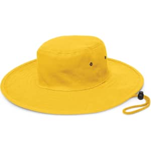 A yellow wide-brim hat with a drawstring, featuring a simple design and air vents.