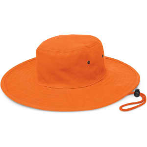 A Cabana Wide Brim Hat in bright orange with a large, round brim and a chin strap.