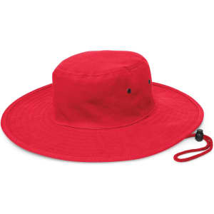 A wide-brimmed red hat with a drawstring. Suitable for sun protection with a relaxed style.