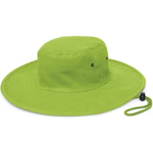 A wide-brim hat in vibrant lime green, designed for sun protection with a adjustable chin strap.