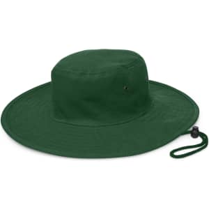 A green wide-brim hat with eyelets and an adjustable strap. Suitable for outdoor activities.